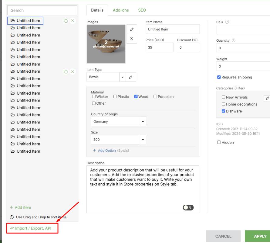 For API key search in Site.pro online store